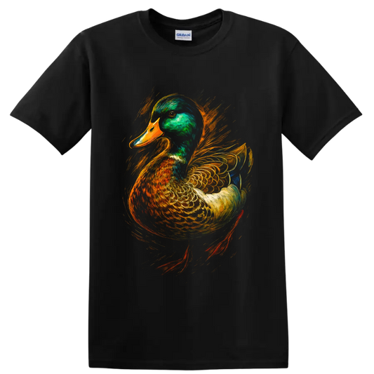 Realistic mallard drake portrait with vivid orange and gold painterly brushstrokes on a Black T Shirt