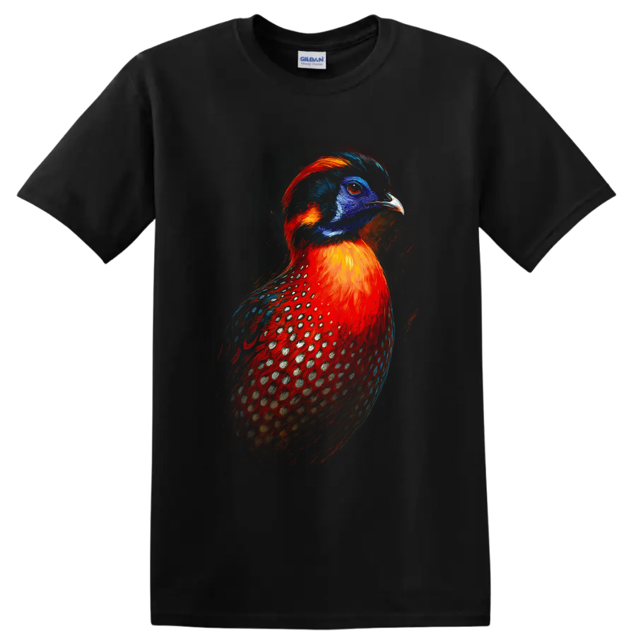 Vibrant painted Temminck's tragopan pheasant portrait with blue, red, and spotted plumage on a Black T Shirt