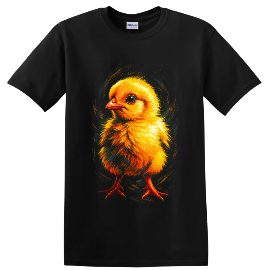 Colorful painted baby chick with yellow feathers and swirling teal brushwork on a Black T Shirt