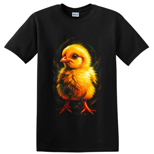 Colorful painted baby chick with yellow feathers and swirling teal brushwork on a Black T Shirt