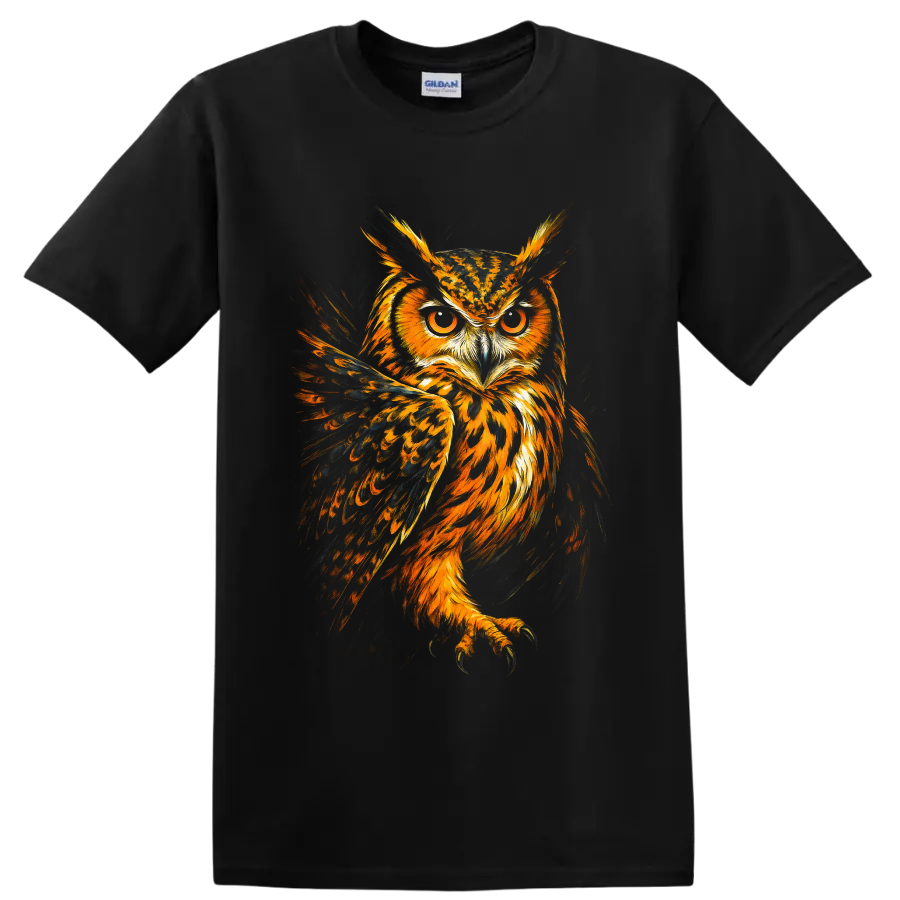 Fiery painterly Eurasian eagle-owl portrait with amber eyes and spread dark wings on a Black T Shirt