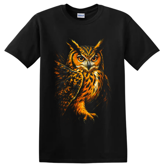 Fiery painterly Eurasian eagle-owl portrait with amber eyes and spread dark wings on a Black T Shirt