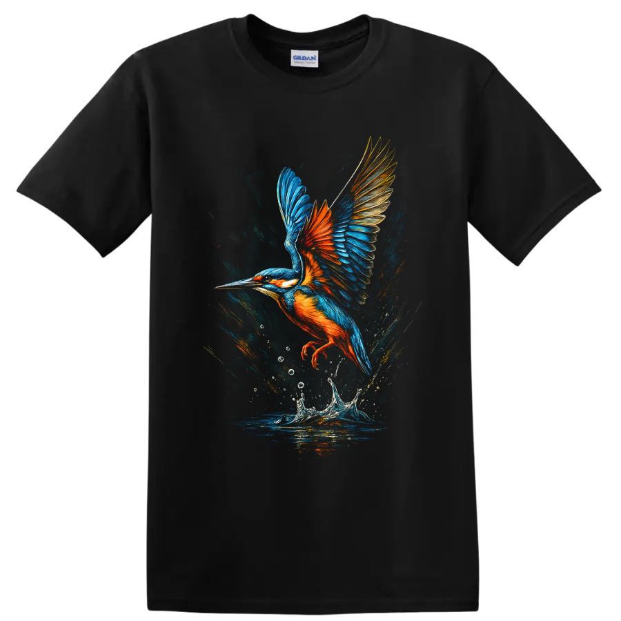 Colorful kingfisher in flight above a water splash in painterly wildlife art on a Black T Shirt