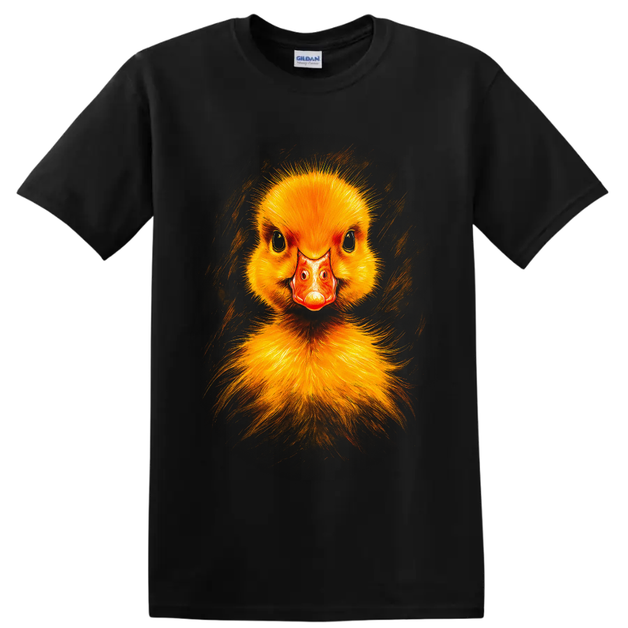 Modern realistic yellow duckling portrait with orange bill and painterly brush strokes on a Black T Shirt
