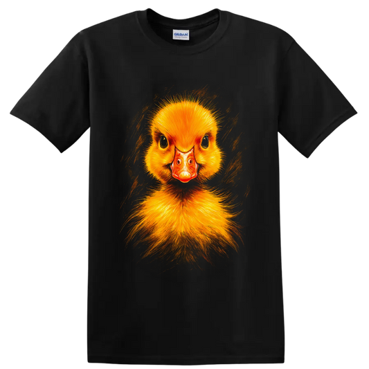 Modern realistic yellow duckling portrait with orange bill and painterly brush strokes on a Black T Shirt