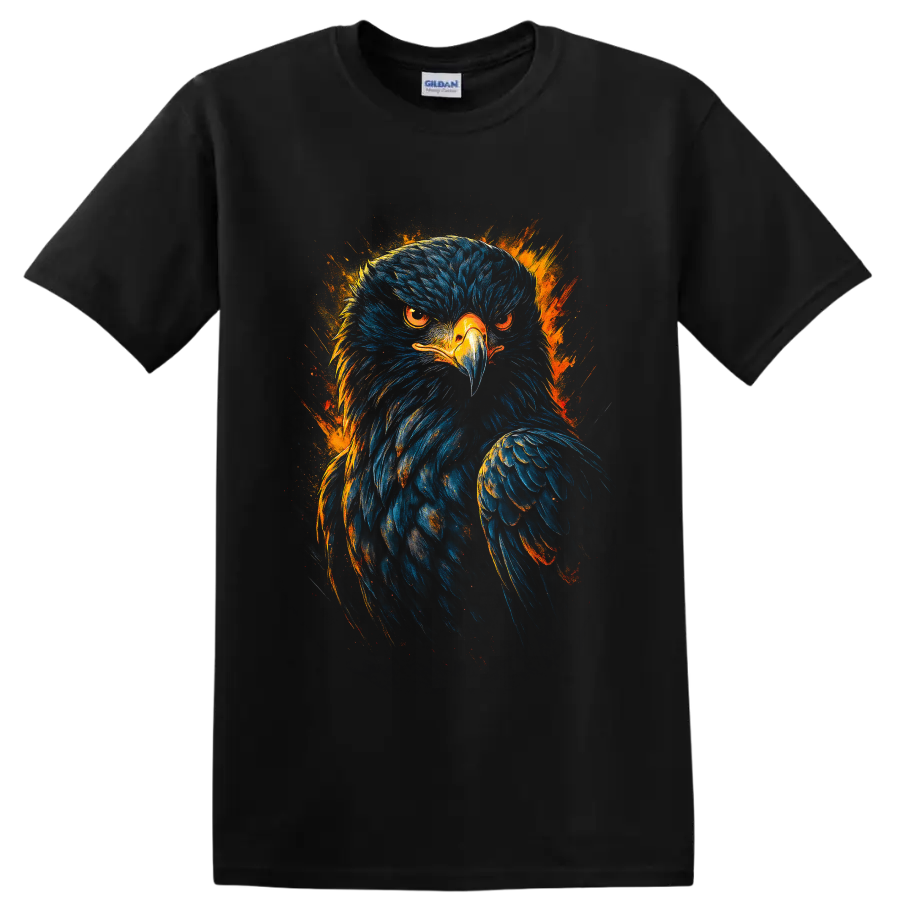 Fierce bald eagle portrait in blue and orange fiery paint-splash art on a Black T Shirt