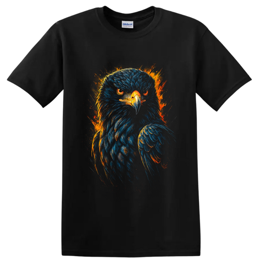Fierce bald eagle portrait in blue and orange fiery paint-splash art on a Black T Shirt