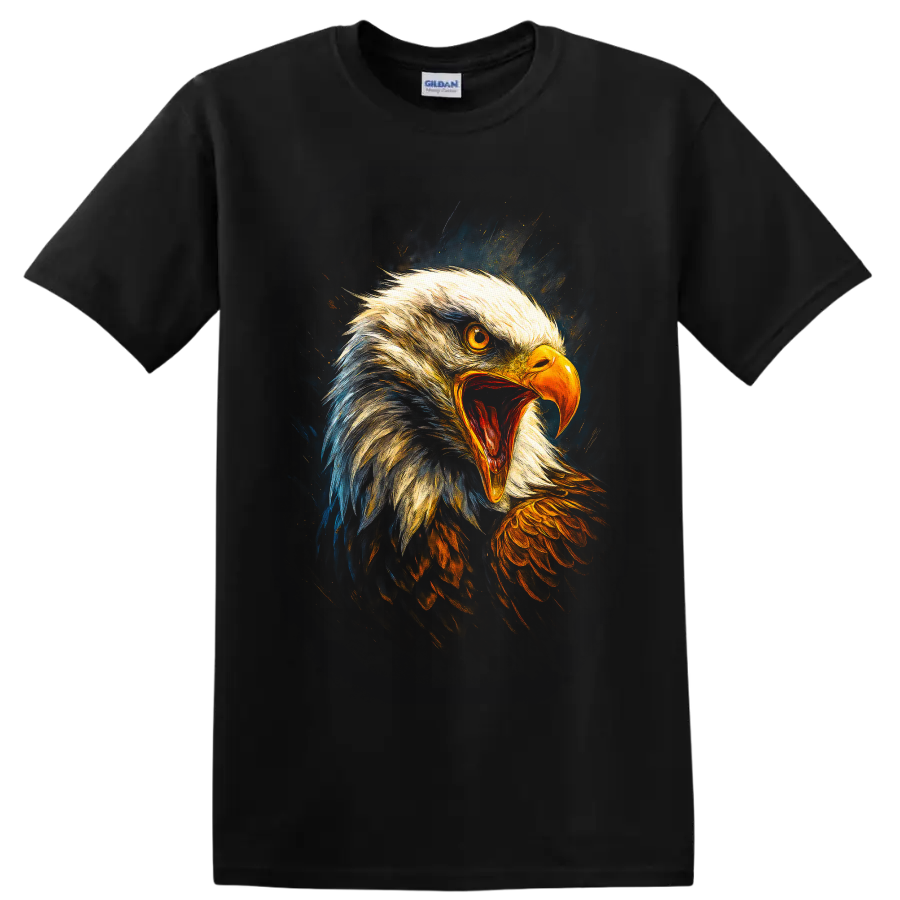 Roaring bald eagle portrait in vivid painterly gold, orange, blue, and dark tones on a Black T Shirt