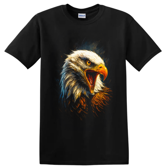 Roaring bald eagle portrait in vivid painterly gold, orange, blue, and dark tones on a Black T Shirt