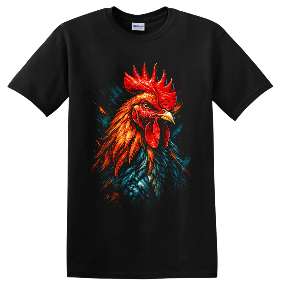 Realistic rooster portrait with red, orange, and blue paint-splash graphic art on a Black T Shirt