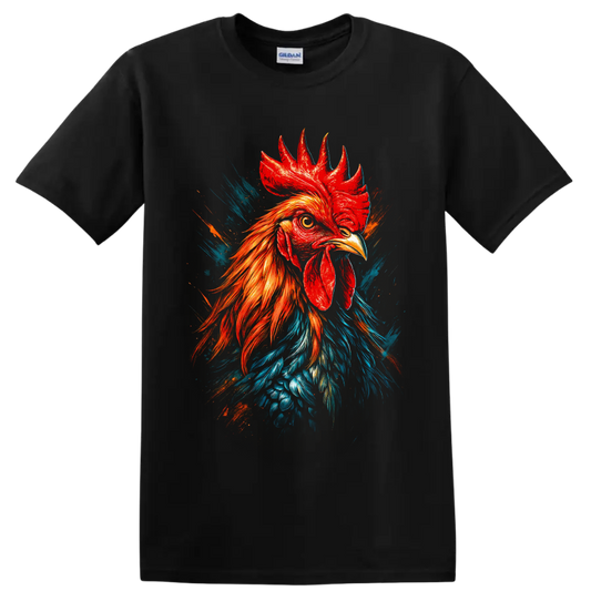 Realistic rooster portrait with red, orange, and blue paint-splash graphic art on a Black T Shirt
