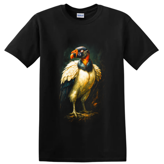Painterly king vulture portrait with orange beak, colorful head, and layered feathers on a Black T Shirt