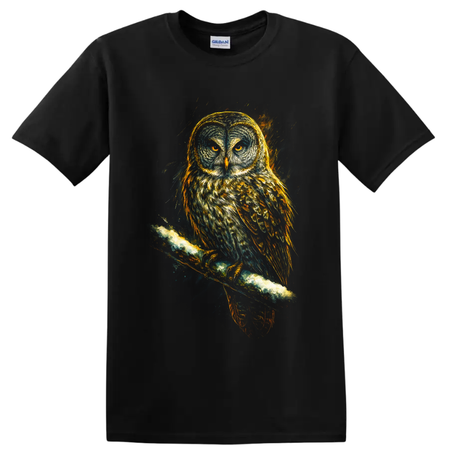 Realistic owl with amber eyes perched on a branch in dramatic nighttime wildlife art on a Black T Shirt