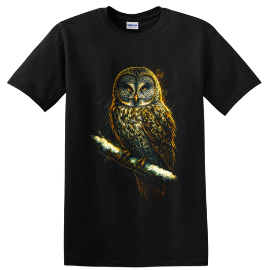 Realistic owl with amber eyes perched on a branch in dramatic nighttime wildlife art on a Black T Shirt