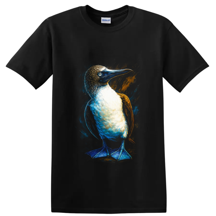 Blue-footed booby portrait in vivid blue and orange modern paint-splash style on a Black T Shirt