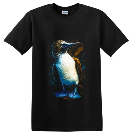 Blue-footed booby portrait in vivid blue and orange modern paint-splash style on a Black T Shirt