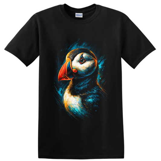 Modern puffin portrait with orange beak and vivid blue painterly brushstrokes on a Black T Shirt
