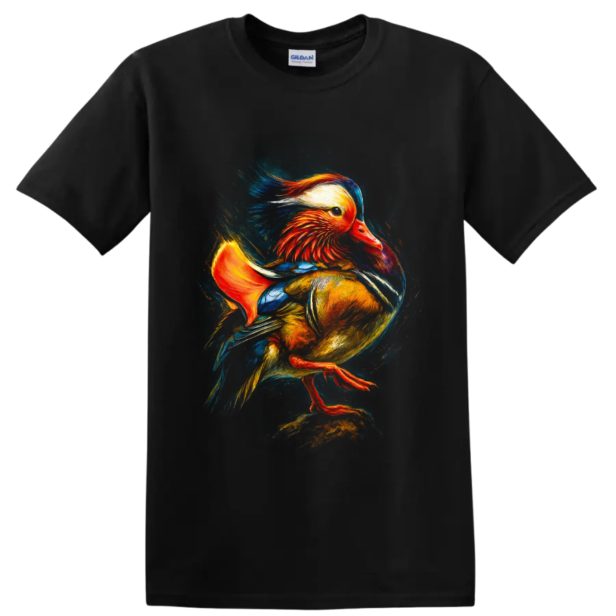 Colorful painterly Mandarin duck wildlife graphic with vivid sweeping feathers on a Black T Shirt