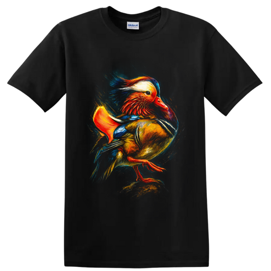 Colorful painterly Mandarin duck wildlife graphic with vivid sweeping feathers on a Black T Shirt