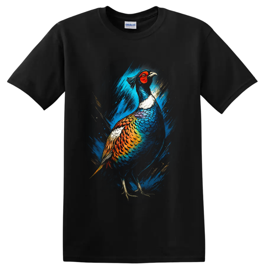 Colorful pheasant in modern blue and gold brushstroke wildlife art on a Black T Shirt