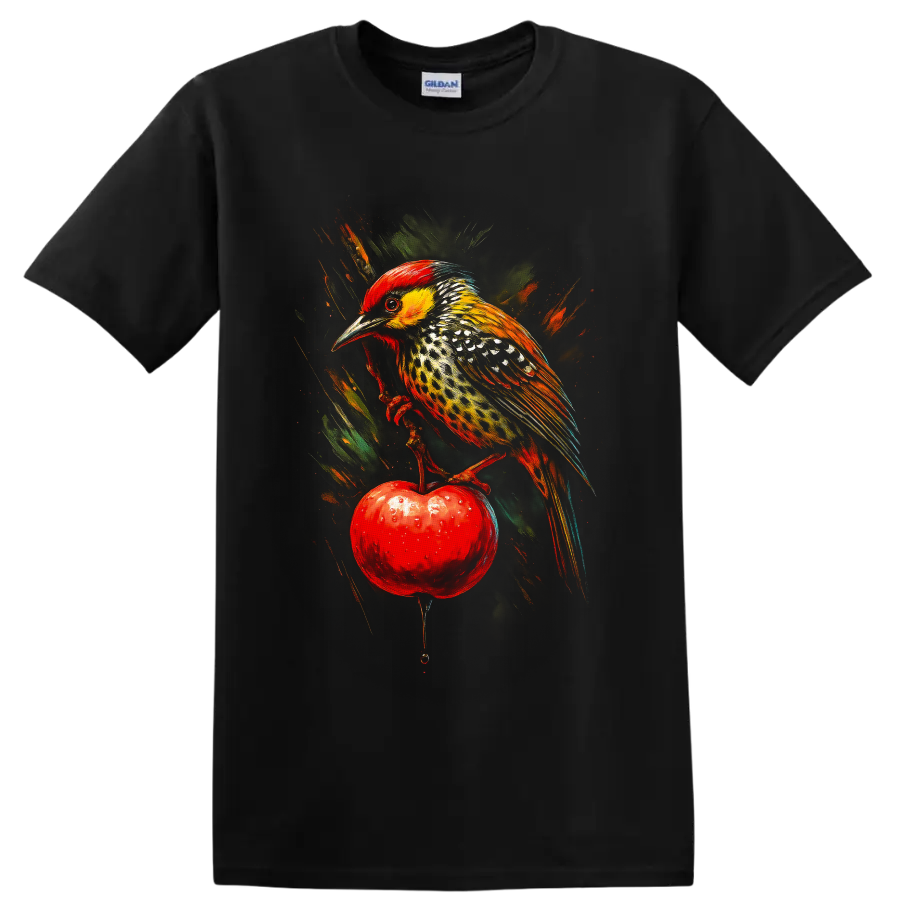 Coppersmith barbet perched on a red apple in vivid painterly wildlife art on a Black T Shirt