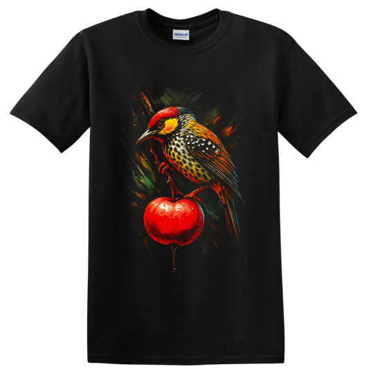 Coppersmith barbet perched on a red apple in vivid painterly wildlife art on a Black T Shirt