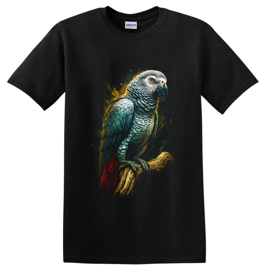 Modern realistic African grey parrot perched on a branch with golden paint splashes on a Black T Shirt