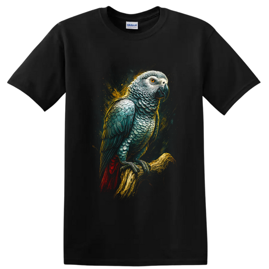 Modern realistic African grey parrot perched on a branch with golden paint splashes on a Black T Shirt