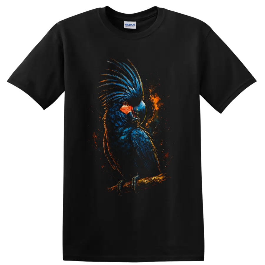 Blue Macaw parrot perched on a branch in dramatic blue and orange painterly wildlife art on a Black T Shirt