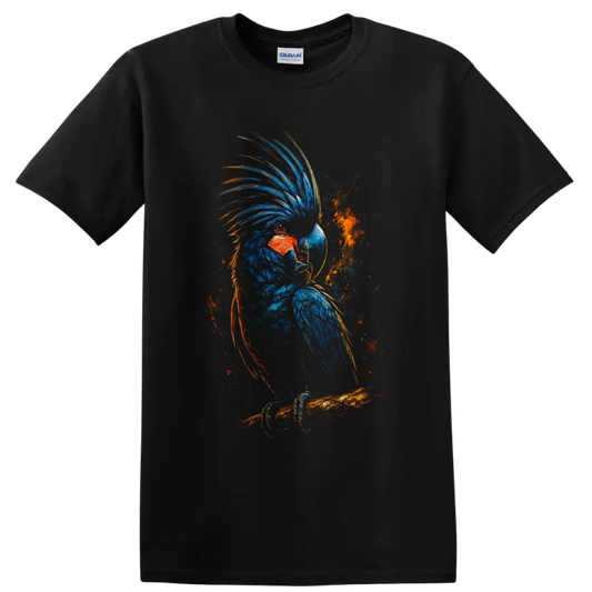 Blue Macaw parrot perched on a branch in dramatic blue and orange painterly wildlife art on a Black T Shirt