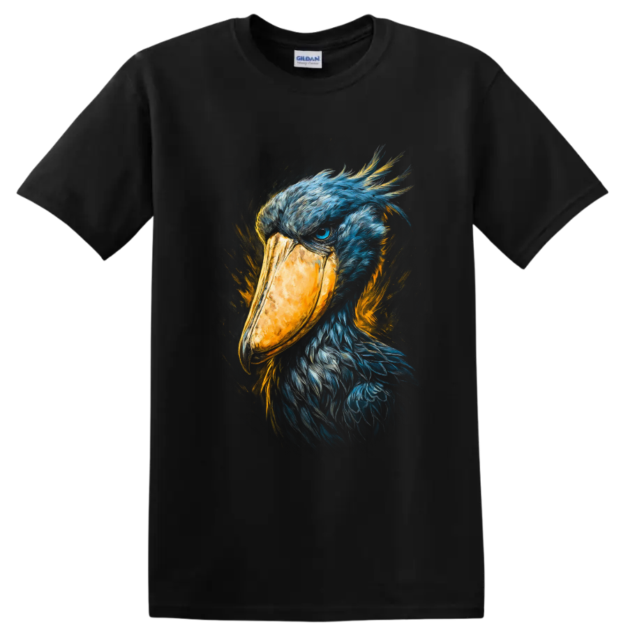 Shoebill stork portrait in blue feathers with a golden bill and painterly orange accents on a Black T Shirt