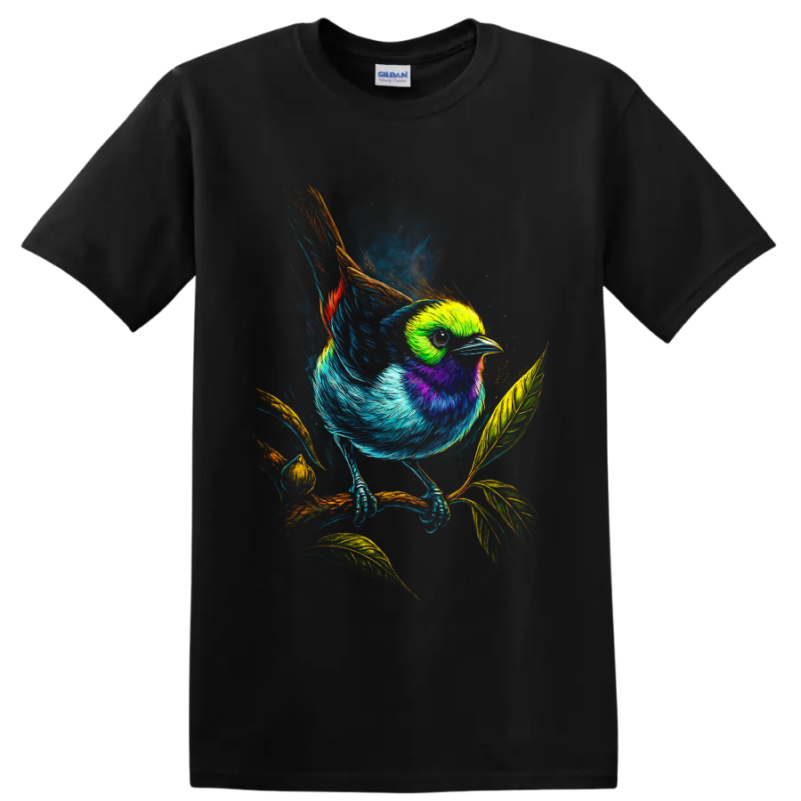 Vibrant painted bunting illustration perched on a leafy branch in neon wildlife art on a Black T Shirt
