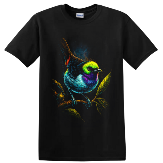 Vibrant painted bunting illustration perched on a leafy branch in neon wildlife art on a Black T Shirt