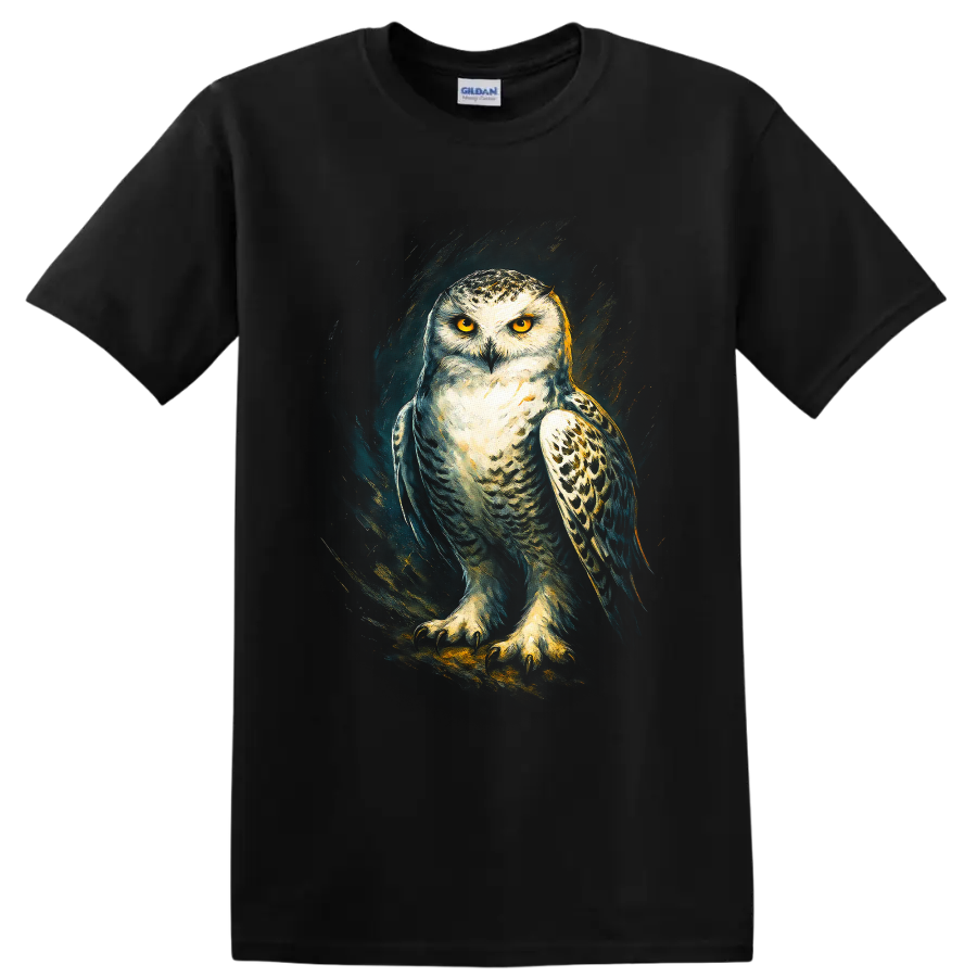 Snowy owl with golden eyes in dramatic teal and gold painterly wildlife art on a Black T Shirt