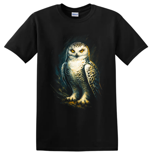 Snowy owl with golden eyes in dramatic teal and gold painterly wildlife art on a Black T Shirt