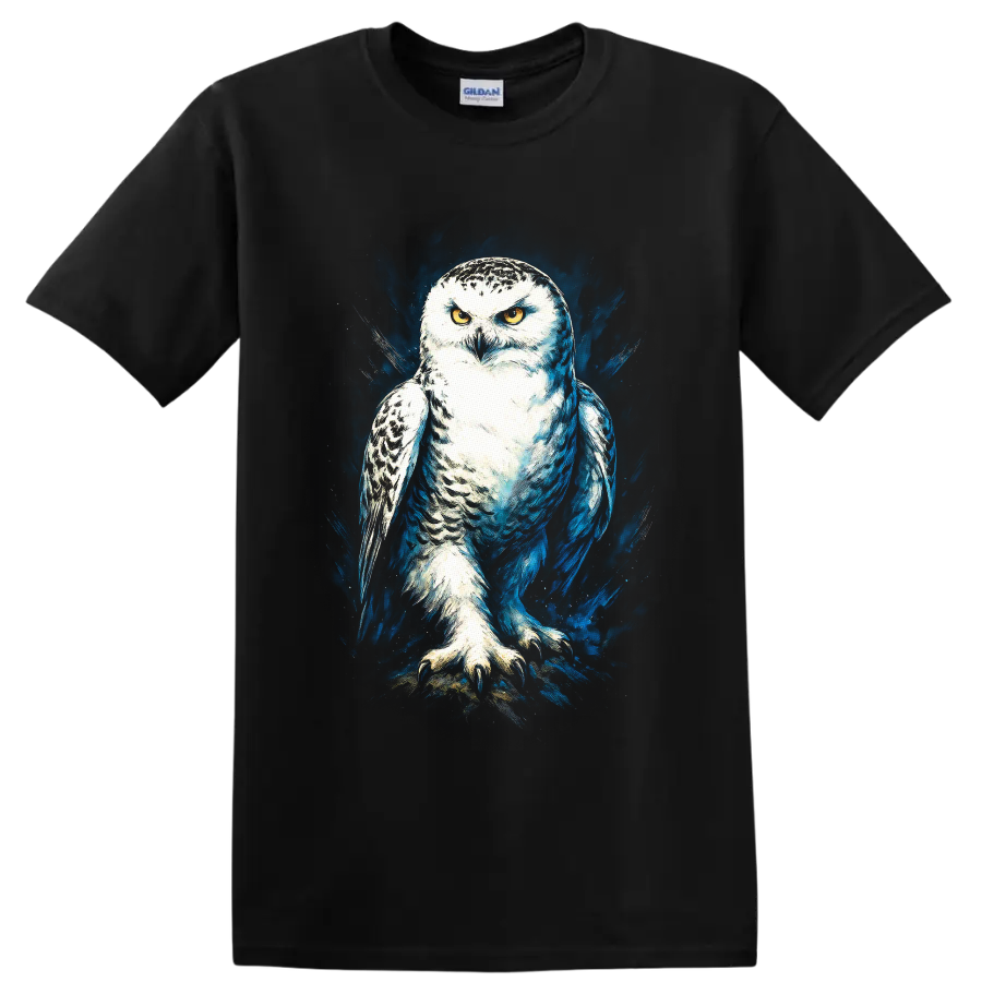 Snowy owl with golden eyes in dramatic blue paint splash wildlife art on a Black T Shirt