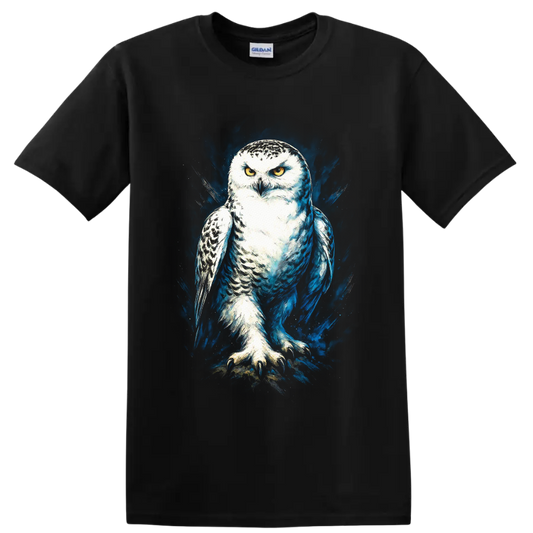 Snowy owl with golden eyes in dramatic blue paint splash wildlife art on a Black T Shirt