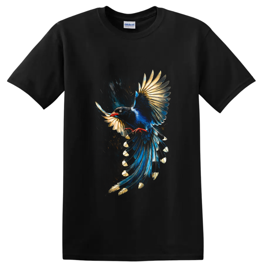 Blue magpie in flight with gold-tipped feathers and painterly brushstroke art on a Black T Shirt