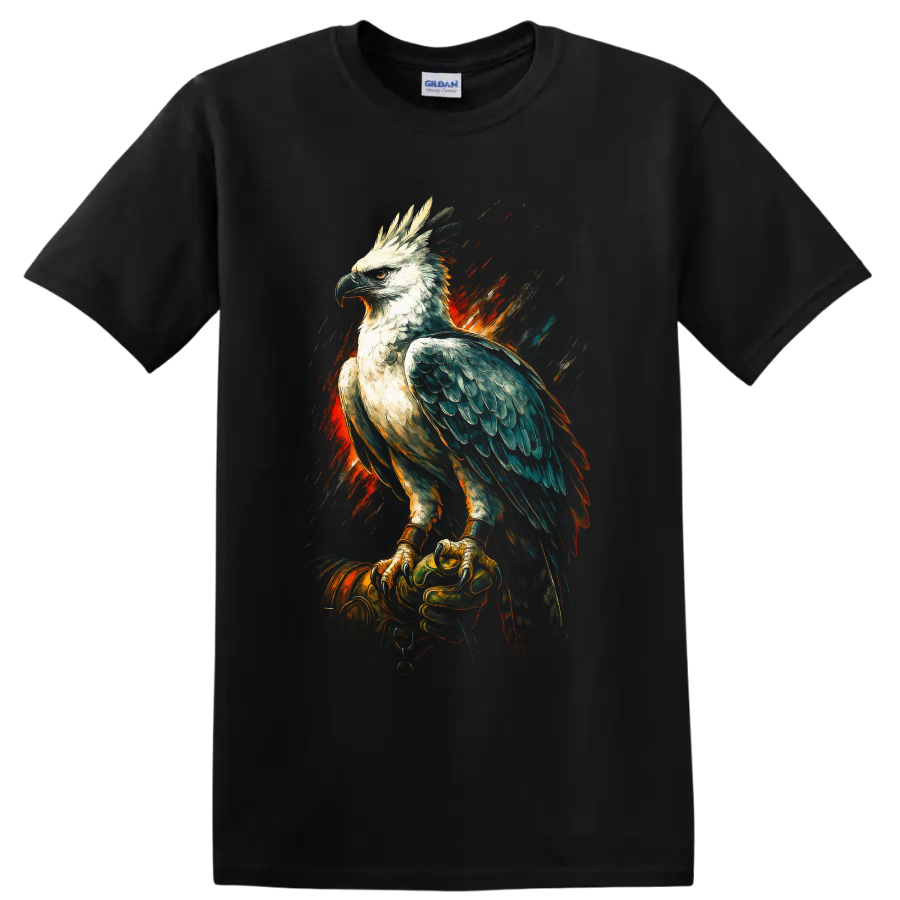 Harpy eagle on a gloved hand in dramatic fiery painterly wildlife art on a Black T Shirt