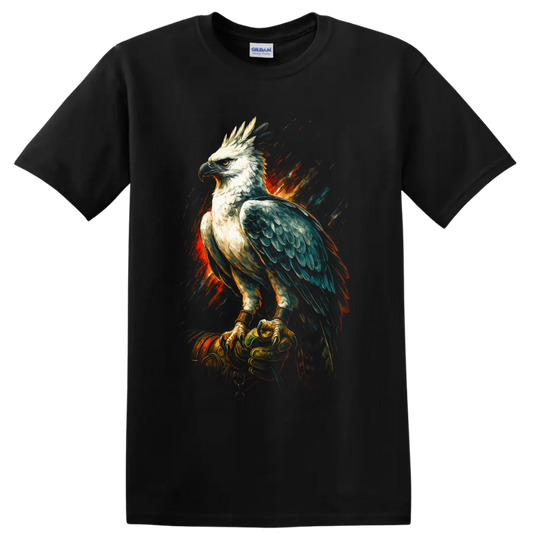 Harpy eagle on a gloved hand in dramatic fiery painterly wildlife art on a Black T Shirt