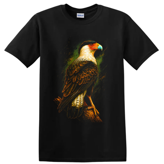 Crested caracara raptor in colorful painted wildlife art perched on a branch on a Black T Shirt