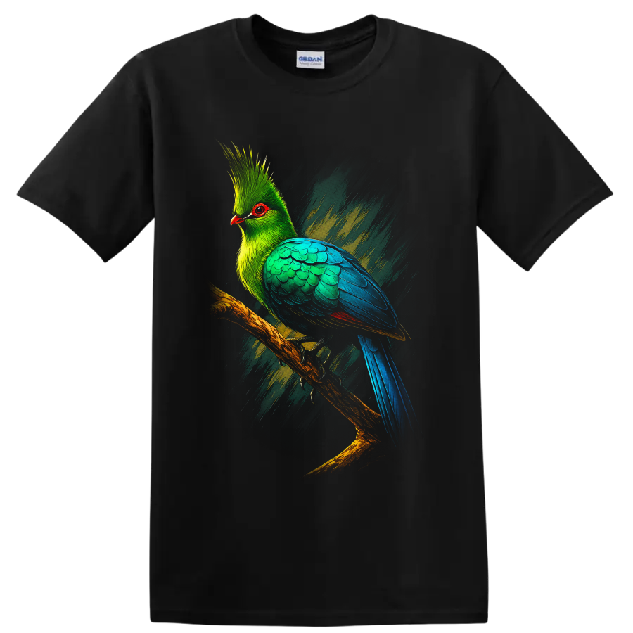 Great Blue Turaco in vibrant modern brushstroke bird art perched on a branch on a Black T Shirt