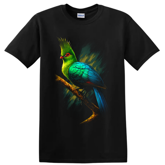 Great Blue Turaco in vibrant modern brushstroke bird art perched on a branch on a Black T Shirt