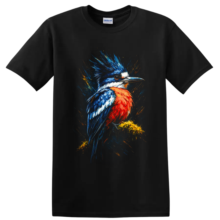 Crested Kingfisher in vivid blue and orange painterly wildlife art on a Black T Shirt