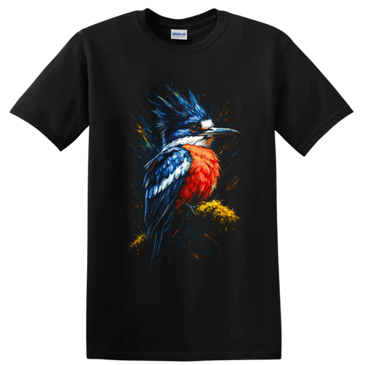 Crested Kingfisher in vivid blue and orange painterly wildlife art on a Black T Shirt