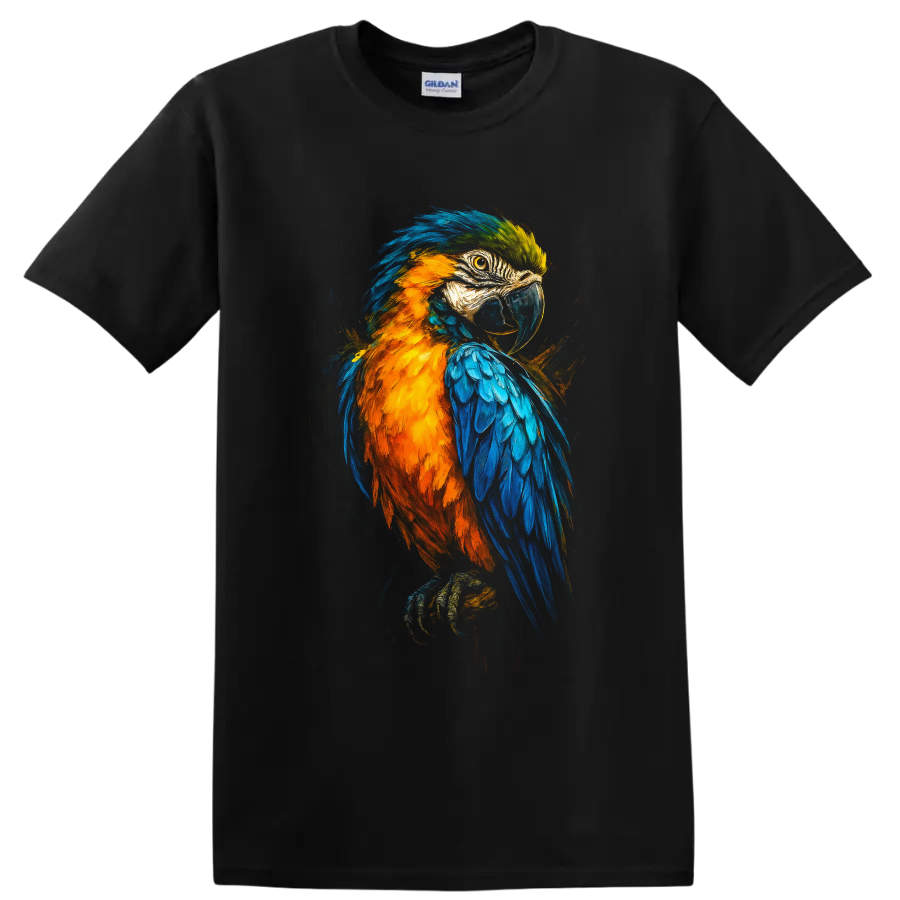 Colorful painterly macaw parrot portrait with blue and orange feathers on a Black T Shirt