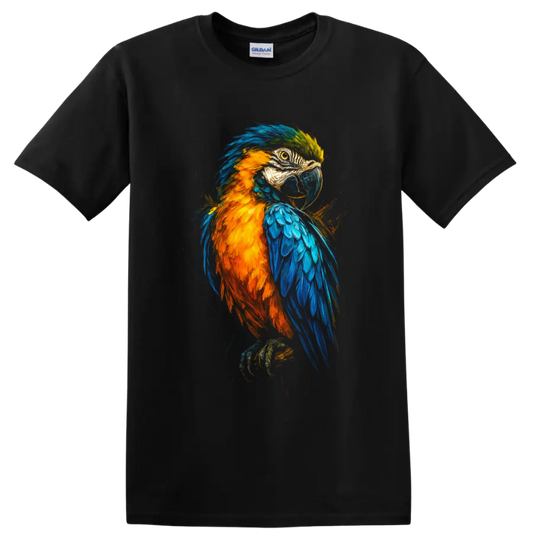 Colorful painterly macaw parrot portrait with blue and orange feathers on a Black T Shirt