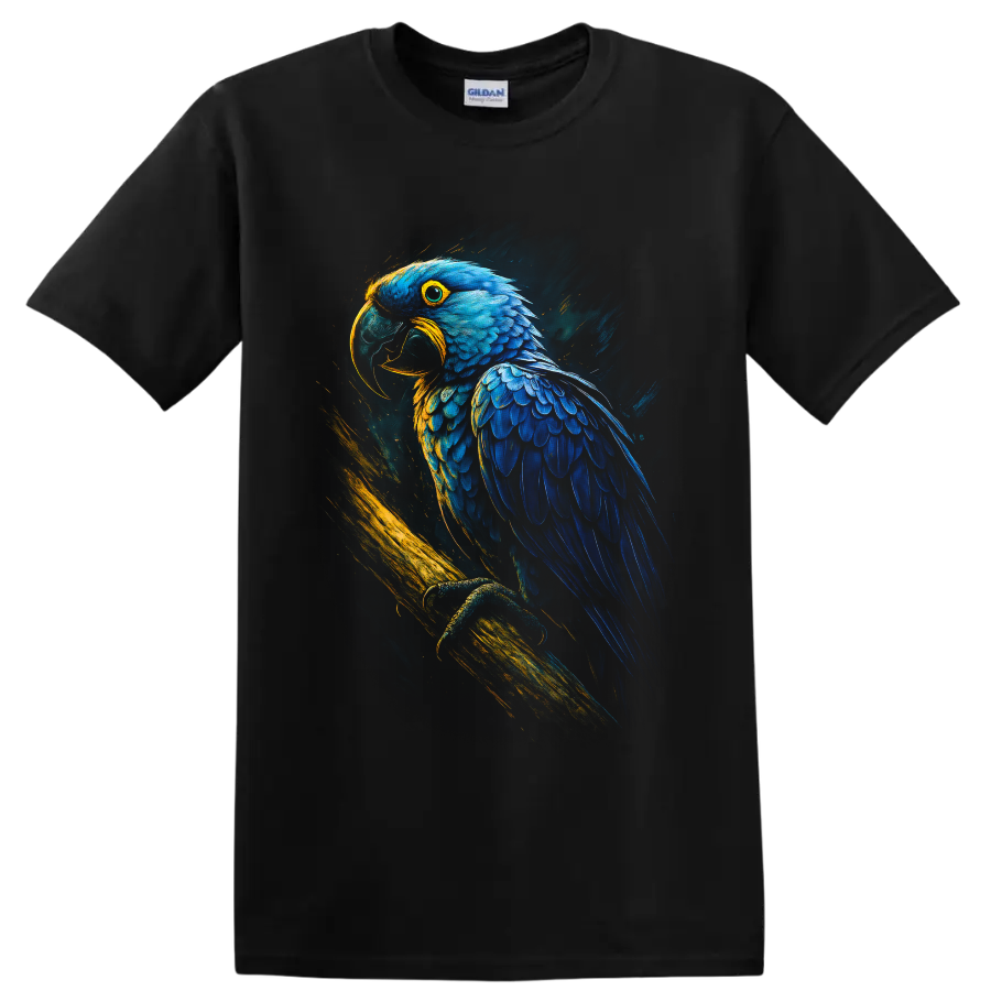 Blue macaw parrot portrait in vivid blue and gold painterly tropical art on a Black T Shirt
