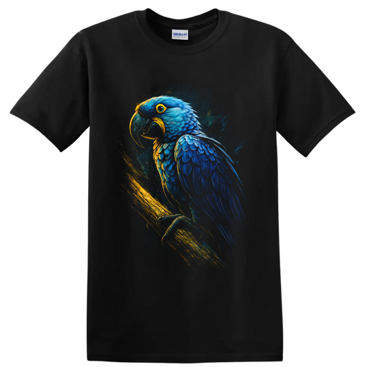 Blue macaw parrot portrait in vivid blue and gold painterly tropical art on a Black T Shirt