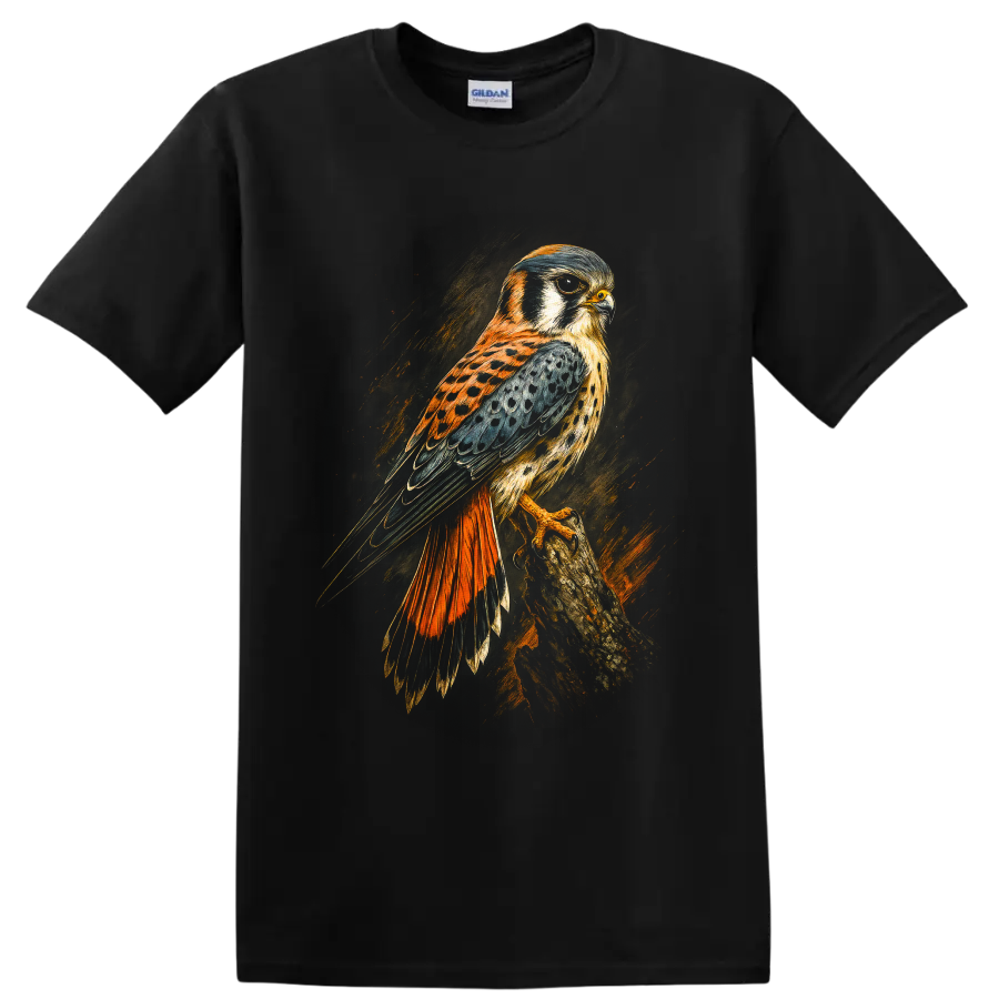 American kestrel falcon perched on a branch in dramatic textured wildlife art on a Black T Shirt